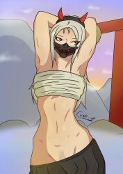 abs artist_signature background bandages bound_torso crownz detailed_background fit_female fortnite hairy_pussy haruka_(fortnite) haruka_of_the_masks horns mask oni_mask red_eyes self_upload solo_female solo_focus stripping toned_female white_hair