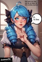 ai_generated artist_name blue_hair dress english_dialogue english_text female gesture girl gwen_(league_of_legends) league_of_legends league_of_legends:_wild_rift shy soulmantm