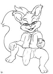 absurd_res anthro barefoot big_penis bottomless clothed clothing conker conker's_bad_fur_day feet foreskin genitals gloves handwear hi_res hoodie hoodie_only humanoid_genitalia humanoid_penis littlescylla looking_at_viewer male mammal monochrome penis rareware rodent sciurid solo tail topwear topwear_only tree_squirrel unretracted_foreskin