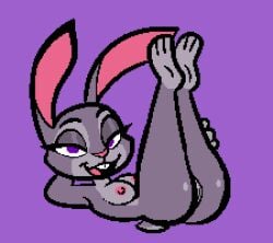 anthro ass biped disney female female_anthro genitals grey_body half-closed_eyes holding_leg judy_hopps lagomorph looking_at_viewer mammal narrowed_eyes nipples nude open_mouth pixelcap purple_eyes pussy simple_background solo zootopia