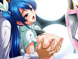 areolae blue_hair bra bra_lift breast_grab breasts clothing female game_cg hair kagami large_breasts long_hair natsukawa_asami nipples open_mouth pink_eyes shirt_lift side_ponytail smile sweat ura_kyoushi_haitoku_no_inetsu_jugyou