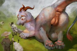 3:2 anthro anus ass bovid bristlebunnyart caprine dragon farmer female genitals group horn human larger_anthro larger_female mammal mythological_creature mythological_scalie mythology nude outside pawpads paws pitchfork pussy raised_tail red_eyes scalie sheep size_difference smaller_human solo_focus tail tail_anus thick_tail tools