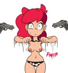 1girls 2018 areolae blue_eyes breasts female female_focus flashing flashing_breasts gun hair motion_lines nera_(the_other_half) nervous nipples onomatopoeia original original_character panties red_hair sweat the_other_half threatened