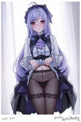 1girls black_panties black_pantyhose blush breasts closed_mouth dated female highres large_breasts long_hair long_sleeves looking_at_viewer mole mole_under_eye navel paid_reward_available panties panties_under_pantyhose pantyhose pointy_ears purple_hair pussy pussy_juice pussy_juice_drip_through_clothes pussy_juice_trail red_eyes revision selcky sidelocks solo standing thigh_gap thighband_pantyhose thighs underwear vivian_(zenless_zone_zero) vivian_banshee zenless_zone_zero