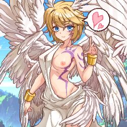 1girls 2023 angel angel_wings artist_request blonde_hair blue_eyes breasts digimon heart heart_speech_bubble heart_symbol lucemon nipples one_breast_out pixel_art rule_63 short_hair solo solo_female tagme