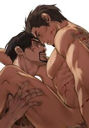 2025 2boys 2d 2d_(artwork) anal back_tattoo bara black_hair blood blood_on_cheek blood_on_hand blush brown_eyes chest_tattoo completely_nude couple cowboy_shot digital_drawing_(artwork) digital_media_(artwork) eye_contact eyepatch facial_hair gay gay_sex goatee happy_sex hi_res hickey implied_anal implied_penetration irezumi kiryu_kazuma large_pectorals like_a_dragon_(series) looking_at_another looking_at_partner majima_goro male male/male male_focus male_only male_penetrated male_penetrating male_penetrating_male mature_male multiple_boys muscular muscular_male nipples no_visible_genitalia nosebleed nude nude_male pecs profile rgg_studio ryuu_ga_gotoku sega sex short_hair sideburns simple_background slicked_back_hair sotenborinpc tattoo tattoos thick_eyebrows thigh_grab tsurime twitter upright_straddle white_background yakuza_(series) yaoi