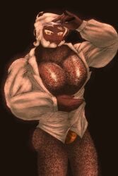 aleksawrite bara bara_tiddies bara_tits blonde_hair boob_window boobs_out cookie_run cookie_run_kingdom dark-skinned_male dark_skin gay hair hairy hairy_chest hairy_legs hairy_male jacket knife male male_boobs male_only muscular muscular_male oiled oiled_skin pecs pecs_bigger_than_head playful_smile royal_margarine_cookie shirt smile smile_at_viewer smirk white_hair