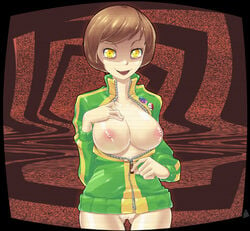 bob_cut bottomless breasts breasts_out brown_hair dark_persona female greyface large_breasts megami_tensei naked_track_jacket nipples no_bra no_pants persona persona_4 pins pussy satonaka_chie shaded_face shadow_chie shadow_self_(persona) short_hair smile solo track_jacket uncensored undressing unzipped unzipping yellow_eyes