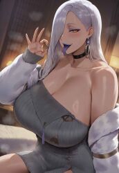 1girl ai_generated blowjob_gesture hi_res huge_breasts omi-san_(fate) thick_body tongue_out voluptuous zane.ai