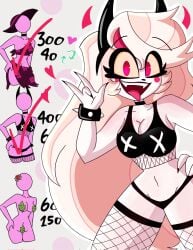 artist_request belly belly_exposed black_panties boobs charlie_morningstar_(hazbin_hotel) demon_horns female hazbin_hotel horns metal_symbol panties pink punk_girl stockings strip_game