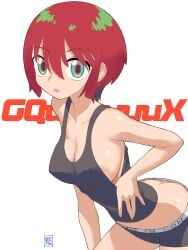 1girls :o absurdres adjusting_clothes amate_yuzuriha aqua_hair artist_name bare_shoulders bent_over black_panties black_tank_top bob_cut boyshort_panties breasts butt_crack cleavage clothes_writing collarbone commentary commentary_request copyright_name cowboy_shot gundam gundam_gquuuuuux hand_on_own_leg highres kikumaru_bunta large_breasts leaning_forward looking_at_viewer no_bra panties parted_lips red_hair ringed_eyes short_hair sideboob simple_background solo tank_top tomboy translated underwear underwear_only white_background