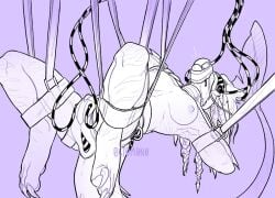 0ct0m0n0 anthro bondage bondage bound braided_hair chicken-wing_tied female frogtied hair hi_res legs_tied long_hair mask monochrome mouth_closed muzzle_(object) muzzled nipples nude obscured_eyes solo spread_legs spreading suspension suspension_bondage wearing_mask