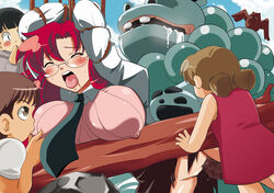 age_difference blush bondage censored drooling erect_nipples glasses hippo long_hair modaetei_anetarou nipple_bulge nipple_tweak penis pokies public pussy red_hair restrained saliva sex sweat tear tengen_toppa_gurren_lagann yoko_littner yomako zoophilia