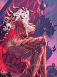 big_breasts blood busty busty_female empress_luo_wuqing hand_on_head looking_at_viewer looking_down queen red_eyes scarlet_queen throne voluptuous voluptuous_female white_hair