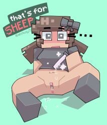 ... ahfkdy7 anus artist_name bodily_fluids bow breasts brown_hair english_text grey_bow hair_bow hairbow minecraft minecraft_sheep's_fuck_redstone_machine mojang pussy pussy_juice shadow text