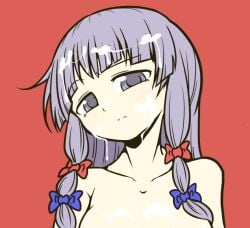 blue_bow blunt_bangs bow breasts closed_mouth commentary_request cookie_(touhou) cum cum_on_body cum_on_breasts cum_on_hair expressionless facial female hairbow head_tilt long_hair looking_at_viewer medium_breasts multiple_hair_bows patchouli_knowledge purple_eyes purple_hair red_background red_bow simple_background solo taisa_(cookie) touhou tsunakan_(nicoseiga34879088) upper_body