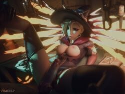 3d blender breasts_out canine feral feral_on_female fraxxlr glowing_eyes halloween mercy missionary_position overwatch overwatch_2 red_eyes short_hair spread_legs stokings werewolf witch witch_costume witch_hat witch_mercy zoophilia