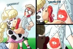 1boy 1girls 2d 2d_(artwork) 2d_artwork anthro anthro_on_human big_breasts big_lips black_spots black_spotted_body blonde_hair blonde_hair_female blue_eyes blue_eyes_female blurry_background bovine breasts breasts_bigger_than_head cow_ears cow_girl cow_horns digital_drawing_(artwork) digital_media_(artwork) duo duo_focus eyelashes eyeshadow farmgirl female furry furry_female geek glasses height_difference human human_male human_on_anthro jamearts jeans kiss_mark kiss_mark_on_belly kiss_mark_on_face kissing kissing_belly large_breasts lifting lifting_person male male/female mwah navel nerd nerdy_male pink_eyeshadow red_lips red_lipstick red_lipstick_mark saliva saliva_string saliva_trail size_difference slightly_chubby slightly_chubby_anthro slightly_chubby_female smooch tits_bigger_than_head tongue tongue_out two_tone_body two_tone_fur