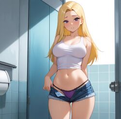 1girls ai_generated blonde_hair breasts denim denim_shorts julia_(tdi) long_hair looking_at_viewer navel open_fly open_shorts panties purple_eyes purple_panties restroom tank_top total_drama_island total_drama_island_(2023) underwear white_tank_top