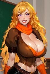 abs ahoge ai_generated belly belly_button blonde_hair bombardast breasts brown_jacket classroom cleavage female female_only golden_hair grin huge_ass huge_breasts huge_cleavage indoors jacket large_ass large_breasts lipstick long_hair looking_at_viewer midriff orange_scarf puffy_sleeves purple_eyes red_lipstick rwby scarf sexy shiny shiny_skin short_sleeves smile solo sweat sweating tagme yang_xiao_long