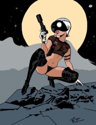 belly_button black_panties boots bruce_timm casket gun lips panties red_shirt space_gun spacegirl tagme