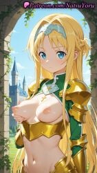 1girls 2025 ai ai_assisted ai_generated alice_schuberg alice_synthesis_thirty anime anime_style armor bangs bikini_armor blonde_hair blue_eyes blue_sky blush braid breastless_clothes breastplate breasts breasts_out bust busty castle closed_mouth cloud cross day fantasy faulds female_focus female_only gold_armor grabbing_own_breast hair_intakes hairband hentai hi_res high_quality high_resolution highres knight linea_alba long_hair long_sleeves looking_at_viewer medium_breasts natsuyoru navel nipples nipples_outside outdoors patreon pauldrons revealing_clothes shoulder_armor shrug_(clothing) sidelocks sky solo solo_female stable_diffusion stomach sword_art_online sword_art_online_alicization uncensored_nipples upper_body very_long_hair vines voluptuous voluptuous_female white_hairband