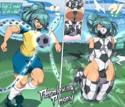 1boy 1femboy bondage bulge bulge_through_clothing captain_kirb femboy gagged ichirouta_kazemaru inazuma_eleven leotard male_only ponytail restrained restrained_arms restrained_legs soccer soccer_ball soccer_uniform solo_male stockings text_bubble trap