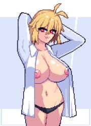 :3 ahoge arcueid_brunestud arms_behind_back arms_behind_head black_panties blonde_hair breasts collared_shirt huge_breasts large_breasts looking_at_viewer melty_blood navel nipples no_bra open_clothes open_shirt panties pixel_art raptorbr red_eyes shirt short_hair thighhighs tsukihime type-moon underwear white_shirt