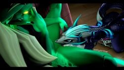 16:9 3d_(artwork) 4k absurd_res alien alilkira all_fours anthro ass black_clothing black_shirt black_topwear blonde_hair blue_body blue_hair blue_scales blue_tongue blush bottomless bottomless_anthro bottomless_female chair clothed clothing cunnilingus digital_media_(artwork) dragon duo female female/female floor furniture ghost glowing glowing_body glowing_eyes glowing_scales green_body green_scales hair hi_res lizard long_hair looking_at_another looking_at_partner mythological_creature mythological_scalie mythology non-mammal_hair nude nude_anthro nude_female on_chair open_mouth oral reptile scales scalie sevan_(warfaremachine) sex shirt shirt_only short_hair sitting sitting_on_chair source_filmmaker_(artwork) spirit spread_legs spreading tongue topwear topwear_only vaginal_penetration watermark white_body white_scales widescreen wood wood_floor yellow_sclera zelyonka