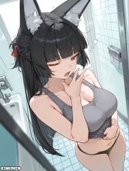 1girls 2025 ai ai_assisted ai_generated animal_ear_fluff animal_ears anime anime_girl anime_style artist_name bath bathroom black_hair black_panties breasts breasts fluffy fox_ears hi_res high_quality high_res high_resolution highres hime_cut hoshimi_miyabi one_eye_closed panties patreon patreon_username rinkoai sfw shower sleepy tank_top thighs tired tired_eyes uncensored watermark woken_up yawn yawning zenless_zone_zero