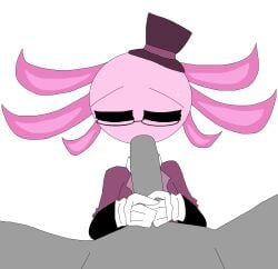 anon anthro axolotl axolotl_humanoid blowjob circle_head closed_eyes gills glasses grabbing_penis gray_body kinito kinitopet pink_hat pink_head rexina17_(artist) sweat sweating white_gloves