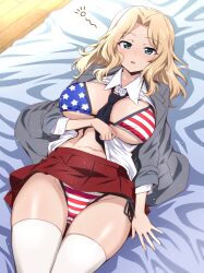 american_flag american_flag_bikini american_flag_print bikini bikini_under_clothes black_necktie blonde_hair blue_eyes breasts cameltoe collared_shirt female flag_print girls_und_panzer hair_intakes highres kay_(girls_und_panzer) large_breasts miniskirt nakahira_guy navel necktie open_clothes open_shirt pleated_skirt print_bikini red_skirt saunders_school_uniform school_uniform shirt skirt solo squeans swimsuit thighhighs waking_up white_thighhighs