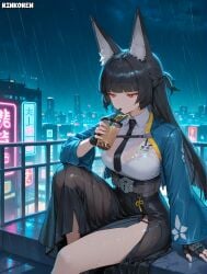 1girls 2025 ai ai_assisted ai_generated anime anime_girl anime_style artist_name boba_tea city city_background cityscape drinking fox_ears hands hi_res high_quality high_res high_resolution highres hime_cut hoshimi_miyabi patreon patreon_username rain sfw thighs uncensored watermark zenless_zone_zero