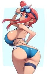 big_ass big_breasts bikini blue_eyes bracelet goggles goggles_on_head gonzarez hair_ornament large_ass large_breasts light_blush pokemon pokemon_bw red_hair skyla_(pokemon) tagme thick_thighs thigh_strap