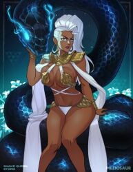 1girls 2025 armor artist_name big_breasts bikini bracelet dark-skinned_female dark_skin earrings glowing_eyes large_breasts lipstick long_hair looking_at_viewer marvel_rivals meziosaur midriff mostly_nude ororo_munroe scales seated shoulder_armor sitting snake solo_female storm_(x-men) watermark white_hair x-men