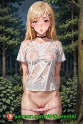 1girls ahq_hentai ai_generated ayase_saki blonde_hair blush breasts cameltoe forest gimai_seikatsu medium_breasts nipples panties panty_pull patreon perfect_body pussy raining see-through see-through_clothing stable_diffusion standing stockings wet wet_clothes wet_shirt