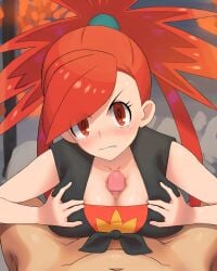 1boy black_shirt breasts censored cleavage clothed_female_nude_male collarbone commentary_request commission eyelashes female flannery_(pokemon) hands_on_own_breasts looking_at_viewer mosaic_censoring nude paizuri paizuri_under_clothes parted_lips penis pixiv_commission pokemon pokemon_oras ponytail pov red_eyes red_hair shirt straight tied_shirt yachi_(fujiyasu0616)