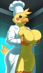 1girls ai_generated big_breasts bird blush_stickers chef_hat female furry furry_female fusionfall grabbing_own_breast labcoat solo solo_female wide_hips yellow_feathers