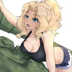 ass_cleavage black_tank_top blonde_hair blue_eyes blue_shorts blush breasts butt_crack cleavage female girls_und_panzer highres huaronanago kay_(girls_und_panzer) large_breasts military_uniform military_vehicle motor_vehicle open_mouth ponytail saunders_military_uniform short_shorts shorts simple_background solo tank tank_top white_background