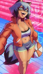 1girl 1girls 2020 2020s absurd_res absurdres animal_ears animal_nose anthro anthro_female anthrofied ball basketball basketball_(object) belly_button black_hair black_tail blue_hair blue_shorts blue_tail brand_new_animal breasts canid canine canis cleavage commentary crop_top dolphin_shorts english_commentary english_text eyelashes fangs female female_anthro female_focus female_only fur furry furry_female furry_only green_eyes hair hair_between_eyes hi_res high_collar highres jacket medium_breasts michiru_kagemori multicolored_body multicolored_fur multicolored_hair multicolored_tail navel open_clothes open_jacket open_mouth pltnm_ghost raccoon raccoon_ears raccoon_girl raccoon_tail red_jacket self_shot short_hair short_shorts shorts solo solo_female solo_focus standing studio_trigger tail tanuki teeth text thick_thighs thighs tight_shorts tongue tongue_out track_jacket two-tone_hair two_tone_hair two_tone_tail unzipped upper_teeth