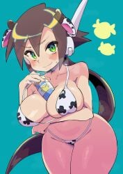 1girls aile big_breasts bikini blush bottle_of_milk brown_hair buzzlyears cow_bikini cow_ears cow_girl cow_horns cowkini green_eyes hand_under_breasts long_hair mega_man mega_man_zx