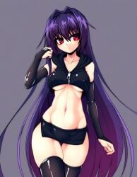 bridal_gauntlets cropped_hoodie cropped_sweater front_zipper long_hair medium_breasts microskirt purple_hair red_eyes side_slit skimpy sleeveless_hoodie sleeveless_sweater thick_thighs thigh_gap thighhighs underboob zettai_ryouiki zipper