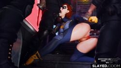 animated barbara_gordon batgirl batgirl_(gotham_knights) batman_(series) cum_drip cum_in_mouth cum_in_pussy dark-skinned_male double_penetration dubious_consent gotham_knights police slayed.coom sound spitroast stun_gun tagme video