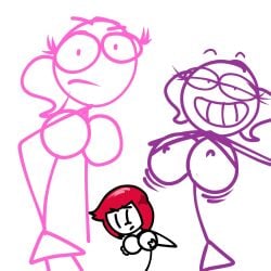 3girls breasts crossover dick_figures ellie_rose female female_only flashing_breasts henry_stickmin_(game) jaysonguzman567 pink_(dick_figures) red_hair stacy_(dick_figures) stick_figure stickfigure stickman stickwoman wanting_sex