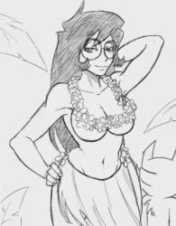 becquerel grass_skirt grayscale homestuck huge_breasts jade_harley line_art mindwipe sketch