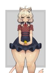 ahoge animal_ears bangs bare_legs blonde_hair blush bow brown_eyes closed_mouth dress eyebrows_visible_through_hair feet_out_of_frame female food food_print fruit holding holding_food holding_fruit looking_at_viewer low_twintails medium_hair polka_dot puffy_short_sleeves puffy_sleeves red_shirt short_hair short_sleeves skirt smile solo squchan_(vtuber) standing striped tail twintails vyugen