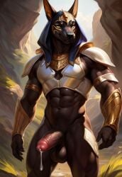 ai_generated anthro anubis armor black_body cum cum_drip erect_penis erection male male_only muscle muscles muscular muscular_anthro muscular_male naked naked_male nude nude_anthro nude_male