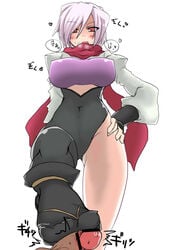 asymmetrical_legwear blush breasts footjob from_below hand_on_hip hanzo_(yatagarasu) hattori_hanzo_uruka heavy_breathing hiya_(dkr) hiya_(pixiv) large_breasts ninja penis red_eyes scarf short_hair silver_hair solo stepped_on yatagarasu_(game)