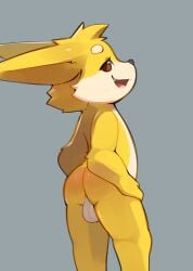 anthro backsack balls brown_eyes digital_media_(artwork) fur genitals hands_on_hips hi_res league_of_legends looking_at_viewer looking_back male male_only nude riot_games simple_background smile smite_(artist) smite_(character) solo tencent yellow_body yellow_fur yordle