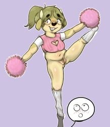 anthro bajaboobey balancing braces cheerleader cleavage_cutout clothed clothing cutout exhibitionism female footwear genitals hi_res knee_highs knee_socks legwear maggie_hudson partially_clothed pom_poms pose pubes public pussy raised_leg socks solo